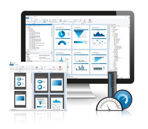 Report Designer in Desktop screen with charts and gauges
