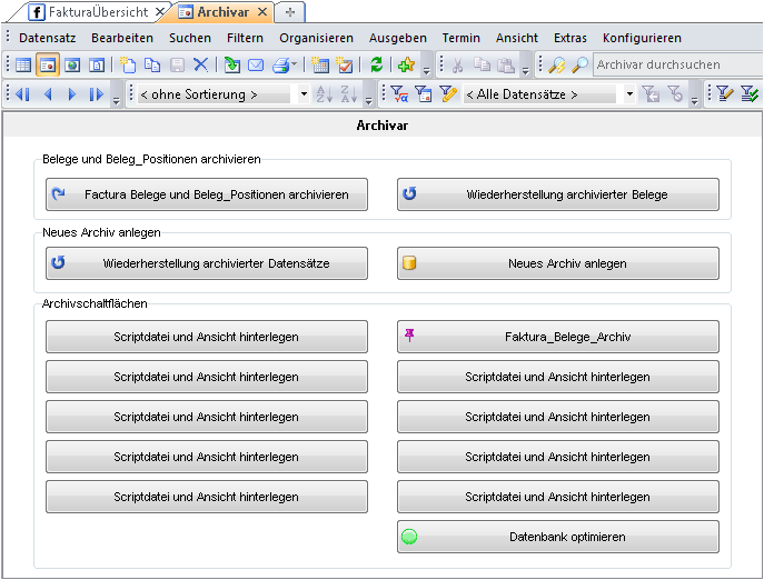 combit CRM Archivar Modul - die Eingabemaske mit neu angelegter Schaltfläche für die Archivierung von Faktura Belegen.