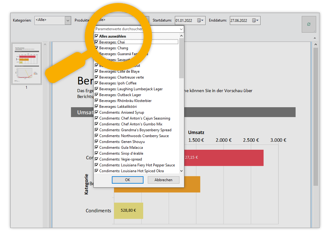 Auswahl Berichtsparameter