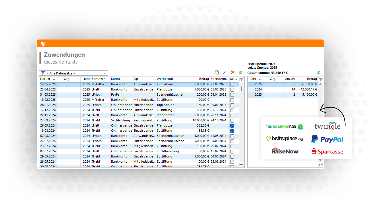 spendenübersicht in fundraising-software von combit